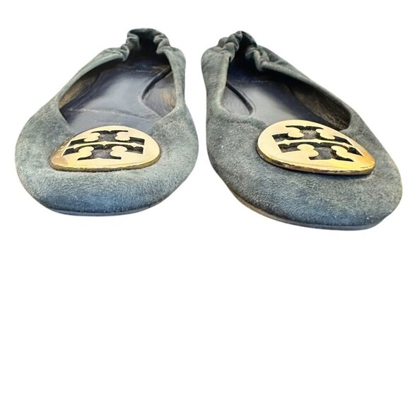 Tory Burch Ballet Flats Reva Women's Navy Suede Gold Logo Medallion Size 7.5 - Picture 4 of 6